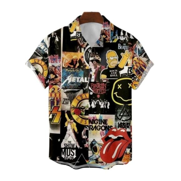 60s Hawaiian Short Sleeve Button Up Beach Casual Stones Guns Roses Rock and Roll - Picture 1 of 1